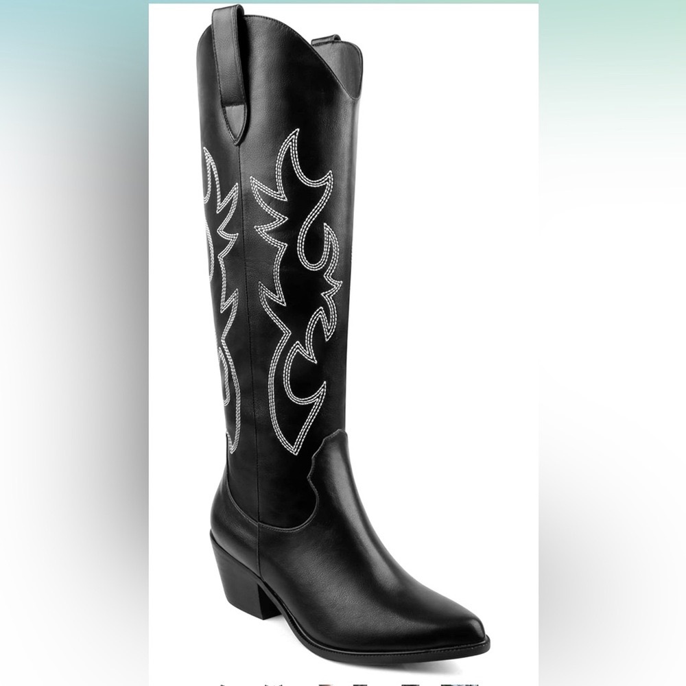 🤠 Black Embroidered Knee-high Cowboy Boots - Picture 2 of 6